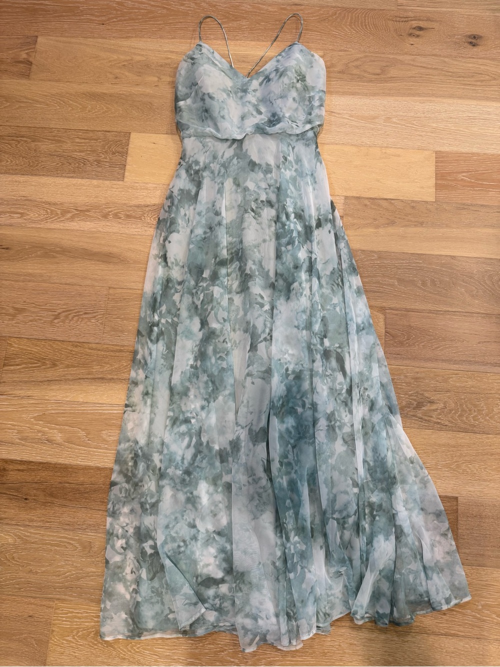 Jenny Yoo Sage Green Watercolor Spaghetti Strap Maxi Dress Size 0